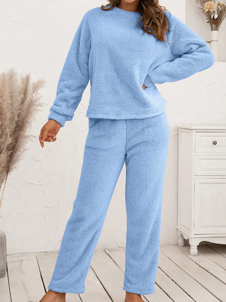 Plush V-Neck Home Wear Sweatshirt Pajamas Loose Comfortable Sleepwear Double-Sided Long Sleeve Polyester Fiber Winter Home Cl...