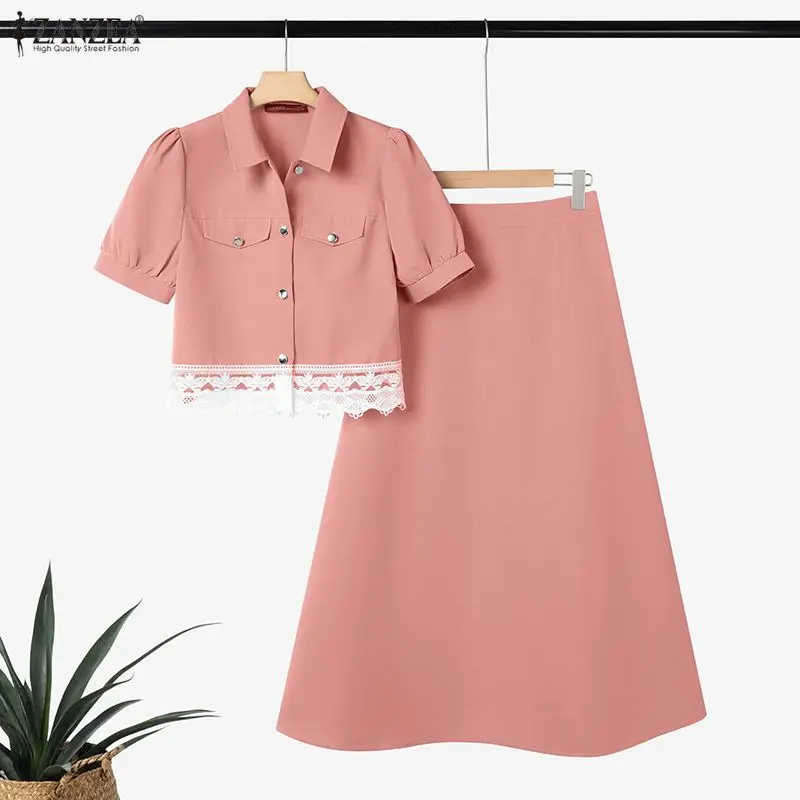 

ZANZEA Повседневные элегантные женские комплекты кружевных платьев, рубашки с короткими рукавами и длинные юбки, комплект из 2 предметов, корейская свободная уличная одежда, 2 шт.