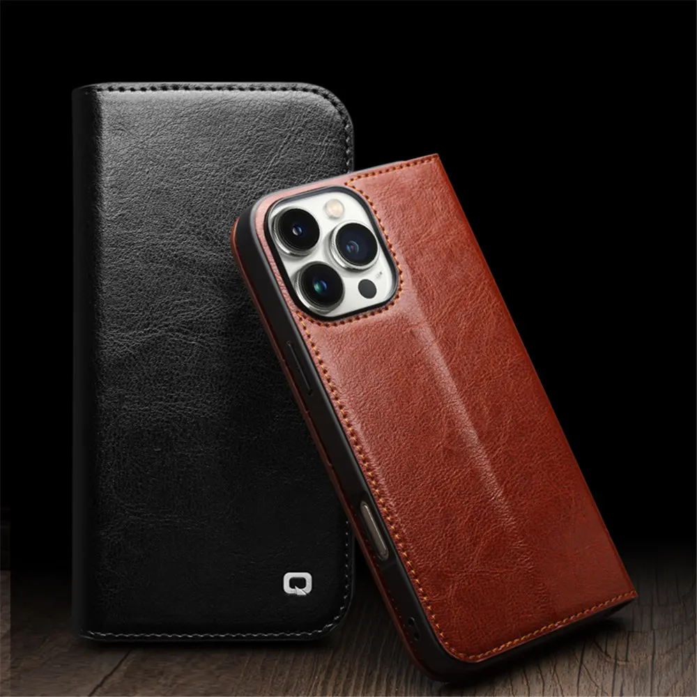 Qialino Genuine Cowhide Leather Flip Case for iPhone 16 Pro Max 16 Pro 16 Business Holder Cover