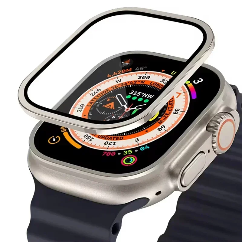 Gehärtetes Glas für Apple Watch Ultra 49 mm, Titan-Metallrahmen, kratzfeste Folie, Displayschutzfolie, Zubehör, Serie Ultra2 49 mm