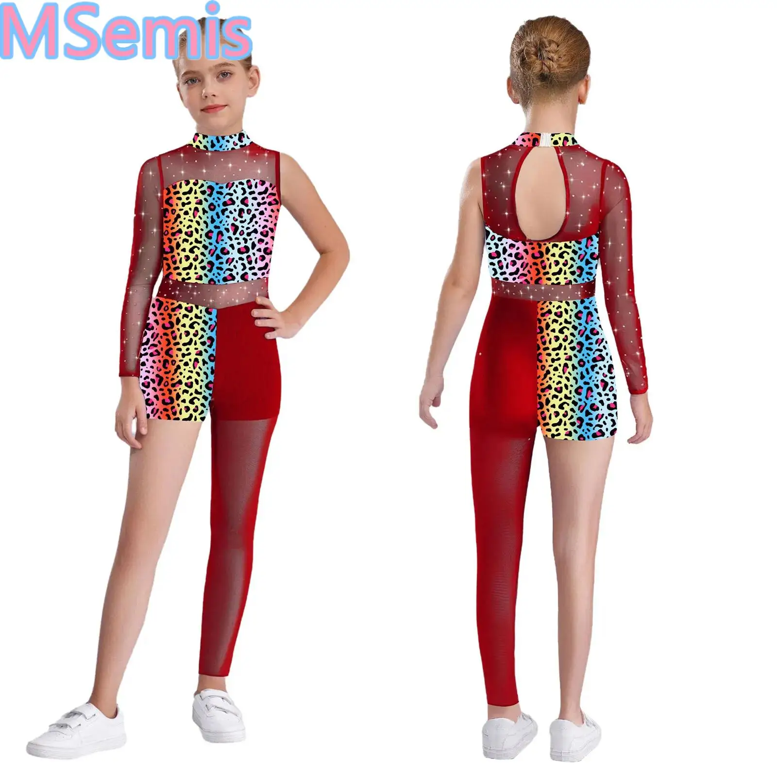 Kids Girls Sheer Mesh Dance Leotard Shiny Rhinestones Printed Patchwork Asymmetrical Bodysuit
