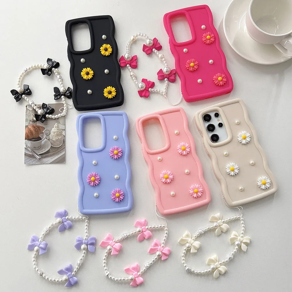 Flowers Pearl Chain Candy Wave Soft Phone Case For Samsung Galaxy S26 S25 S24 S23 Plus S22 Ultra Cover S21 S20 FE A07 A17 A27