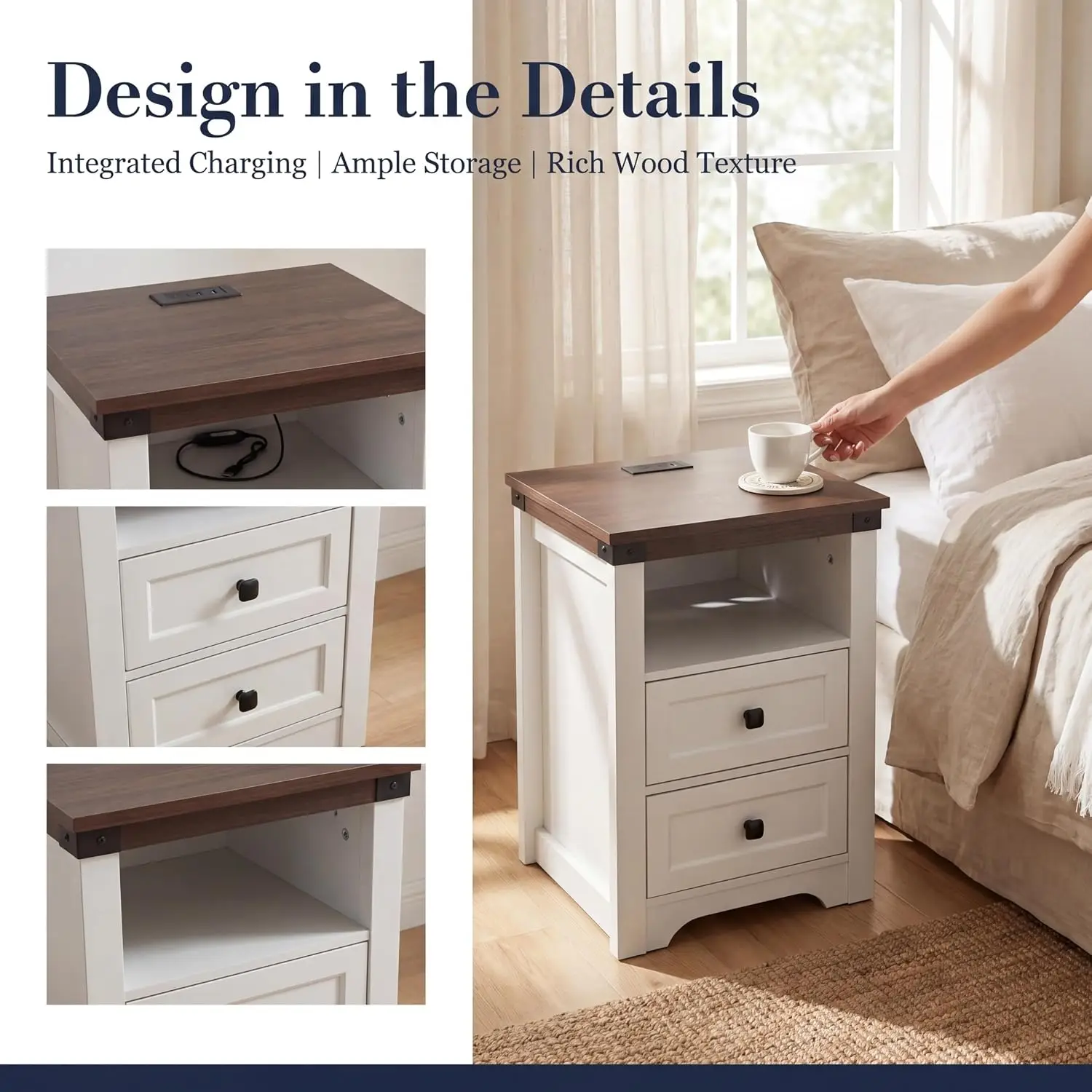 Nightstand Charging Station & Mood Lighting Walnut Bedside Table 2 Drawers Open Storage Small End Table Bedroom, Customized
