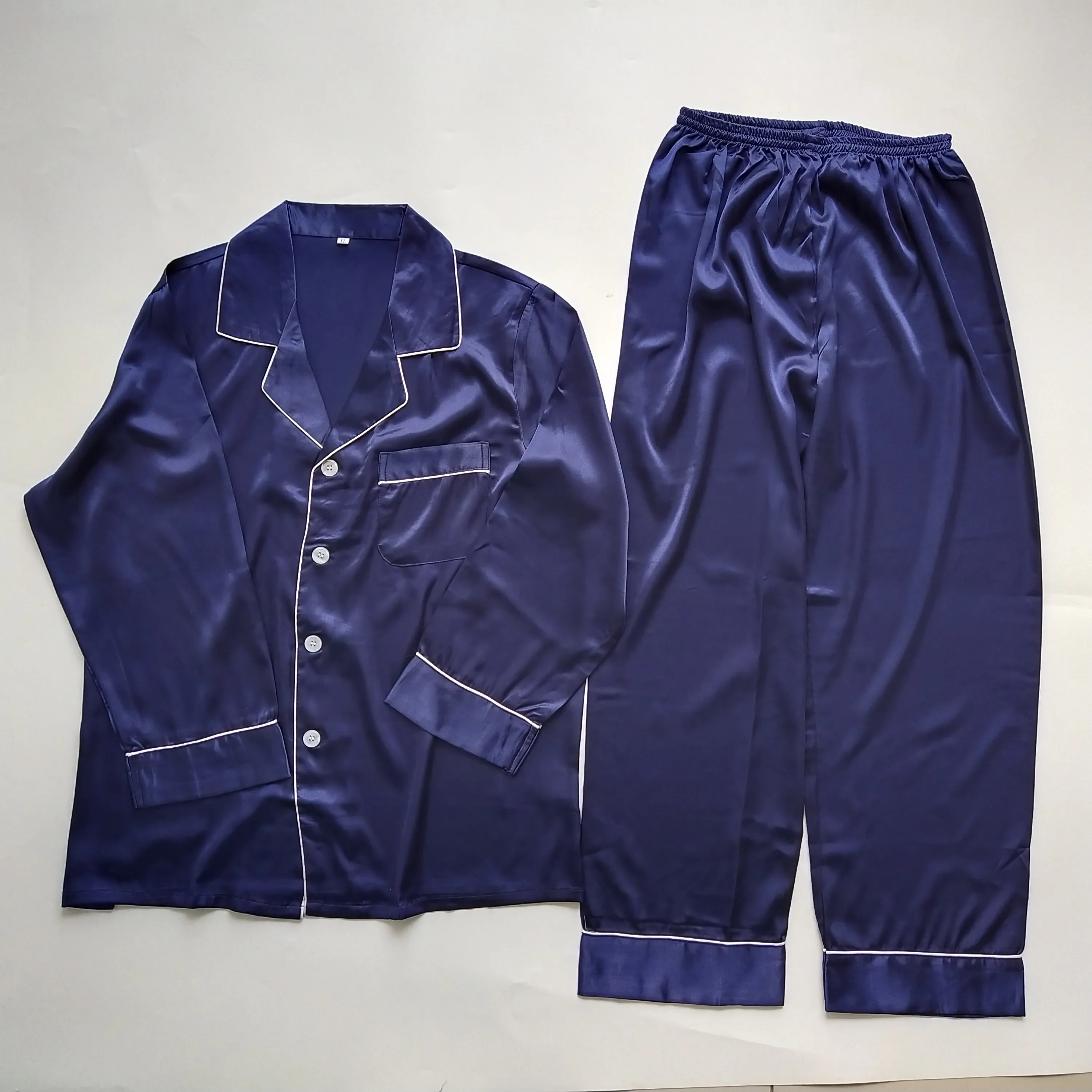 Wholesale men pajamas set luxury blue night sleepsuit set men's sleepwear silk satin pajamas for mens