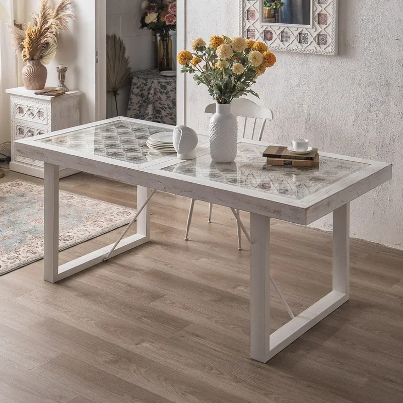 New American style, simple and old, carved hand-painted glass, rectangular dining table