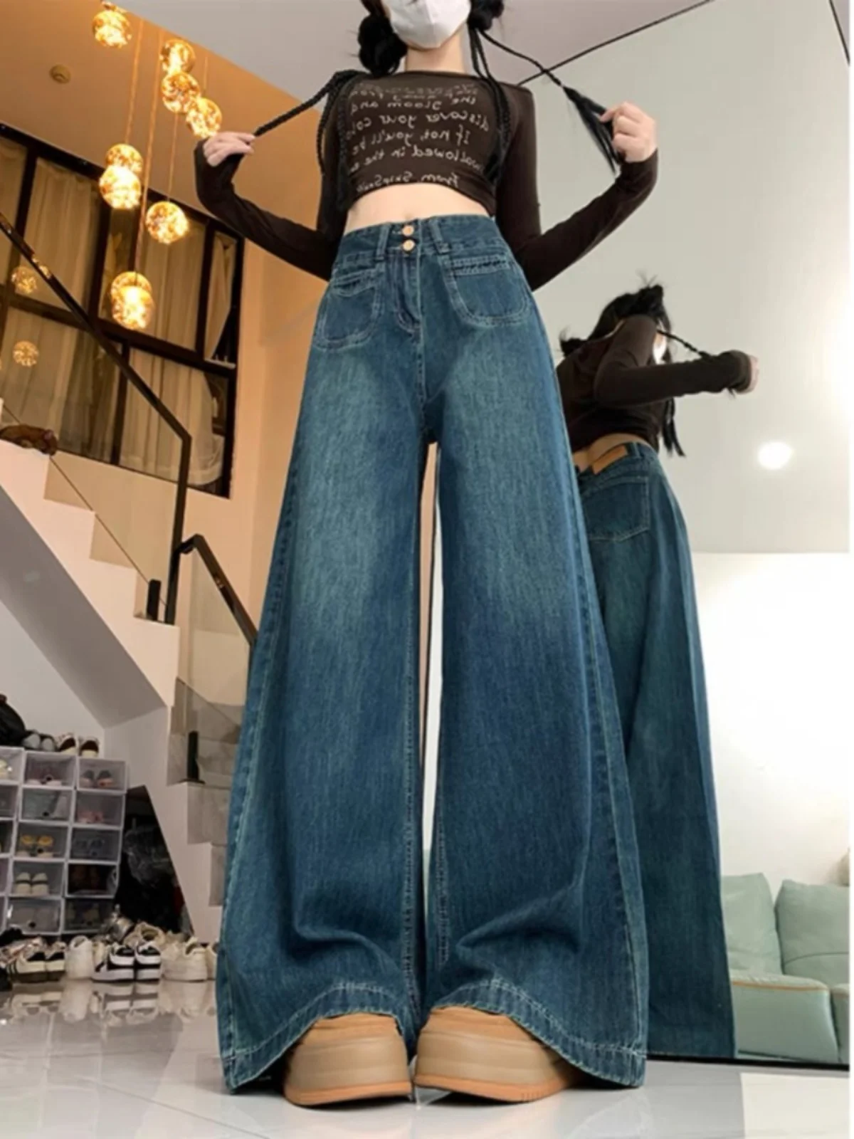 

Джинсы с высокой талией и широкими штанинами в стиле ретро, из выстиранного денима, больших размеров, женские, осенние, модные, стройнящие, длинные брюки, скрывающие недостатки фигуры, облегающие, для полных женщин (MM)