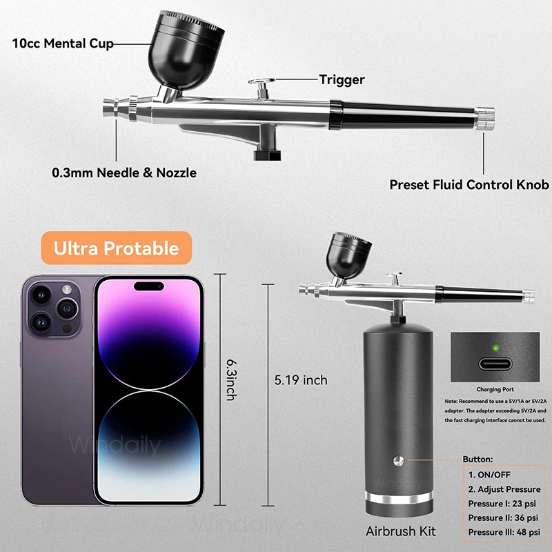 Airbrush-Nagel mit Kompressor, tragbare Luftbürste mit Kompressor für Nägel, Kunst, Kuchen, Malerei, Handwerk, Airbrush, Nagelkunst-Kompressor
