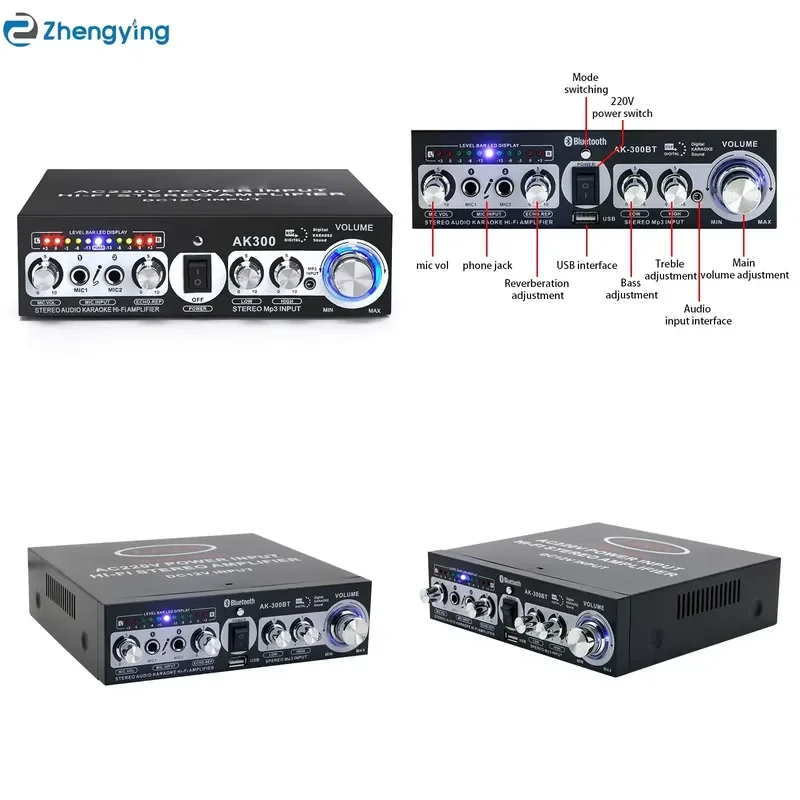 AK300 Home Power Amplifier 2-Channel Mini HIFI Digital Stereo AUX BT 5.0 3.5mm Input Jack 60W Output for KTV 12V-220V Metal