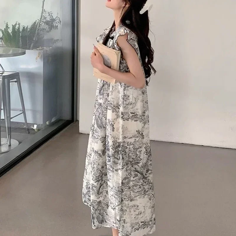 Chinese Style Ink Wash Painting Small Flying Sleeve Dress for Women's Summer New High-end Light Luxury Loose Slimming Long Skirt