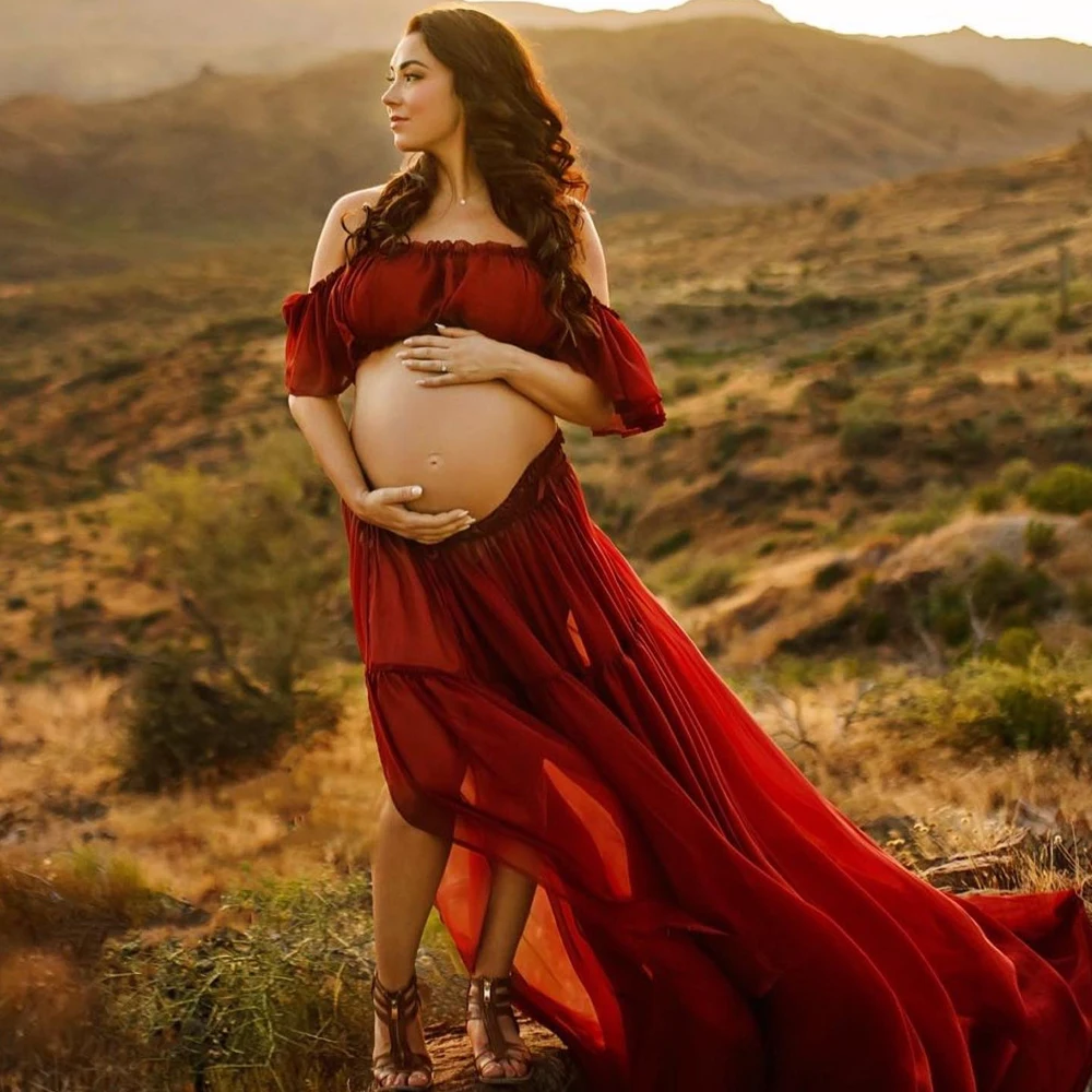 Vestido de maternidad de gasa de Color liso, hombros descubiertos, elástico, sin tirantes, manga corta, adecuado para fotografía femenina