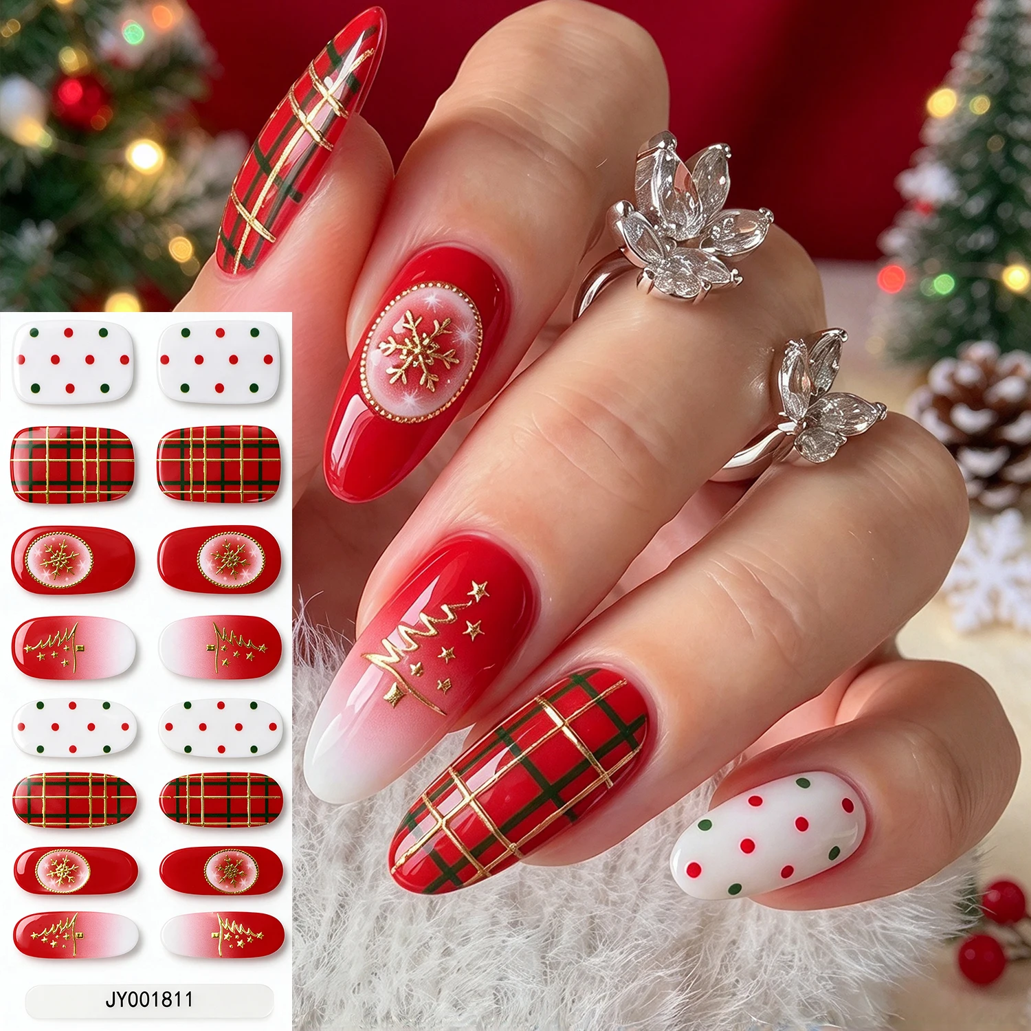 16Tips Christmas Nail Stickers Cartoon Santa Claus Snowman Elk Tree Snowflakes Self Adhesive Decals New Year Full Cover Wraps