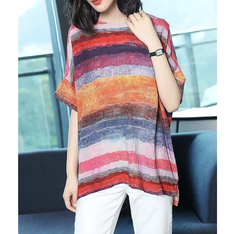 Striped Print Round Neck Short Sleeve Oversized Tee T Shirts Femmes Summer Casual Irregular Tunic Tops for Women Clothing 2023