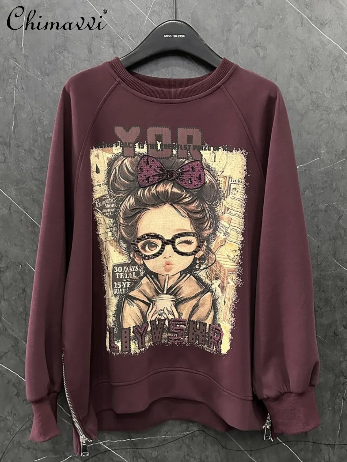 Autumn and Winter New Heavy Printing Girls Crew Neck Sweatshirts Women Loose Fashion Streetwear Long Sleeve Pullover Hoodies Top