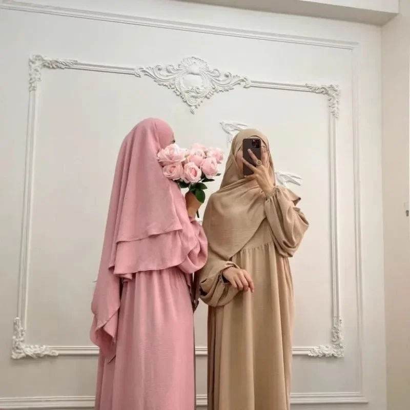 2025 travail dur musulman couleur unie mode vêtements pour femmes couleur unie plissée robe ample avec foulard couverture à deux couches P333