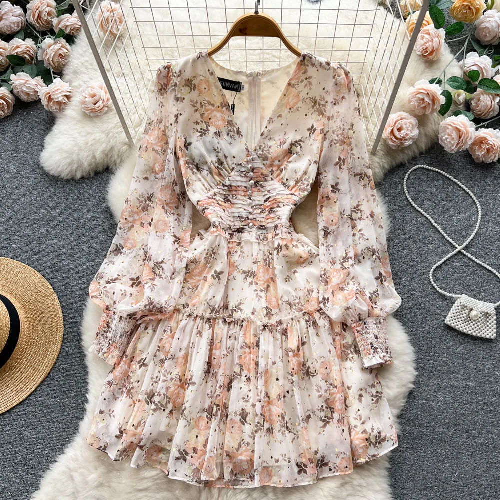 Sweet Floral Print Slip A-line Mini Dress Women's Spring Autumn French Sexy New Fashion Vestidos Femininos Frete Grátis J113