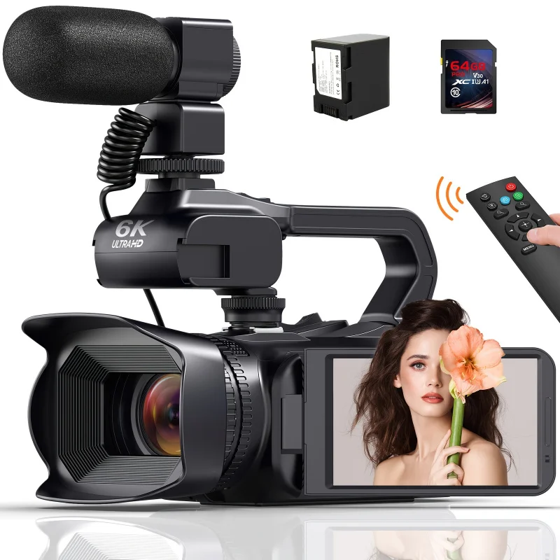 كاميرا فائق 6K، حزام 18 تكبير، شاشة تحكم بالأشعة تحت الحمراء الليلية، شاشة تحكم 4.0، واي فاي، ميكروفون، بطاقة 64 جيجابايت، جهاز تحكم عن بعد و c