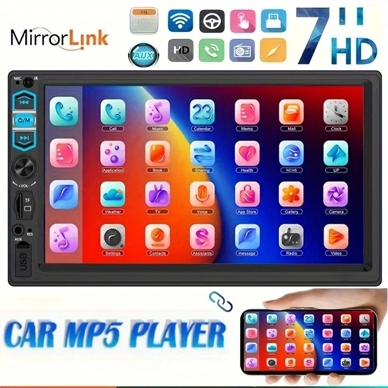 راديو ستيريو للسيارة عالي الدقة 7 بوصة 2Din MP5 مشغل وسائط متعددة مع FM/USB/ AUX، وظيفة SD، وصلة مرآة داعمة، نظام ستيريو للسيارة #3