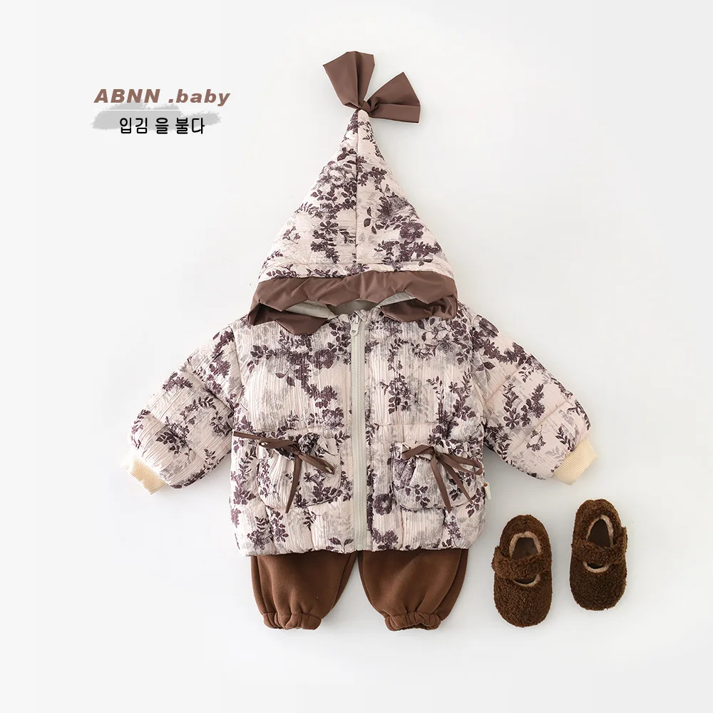 2024 Winter Baby Girls Parkas Cotton Floral Printed Hooded Pocket Zipper Toddler Girls Jacket Children Girls Outerwear Coat