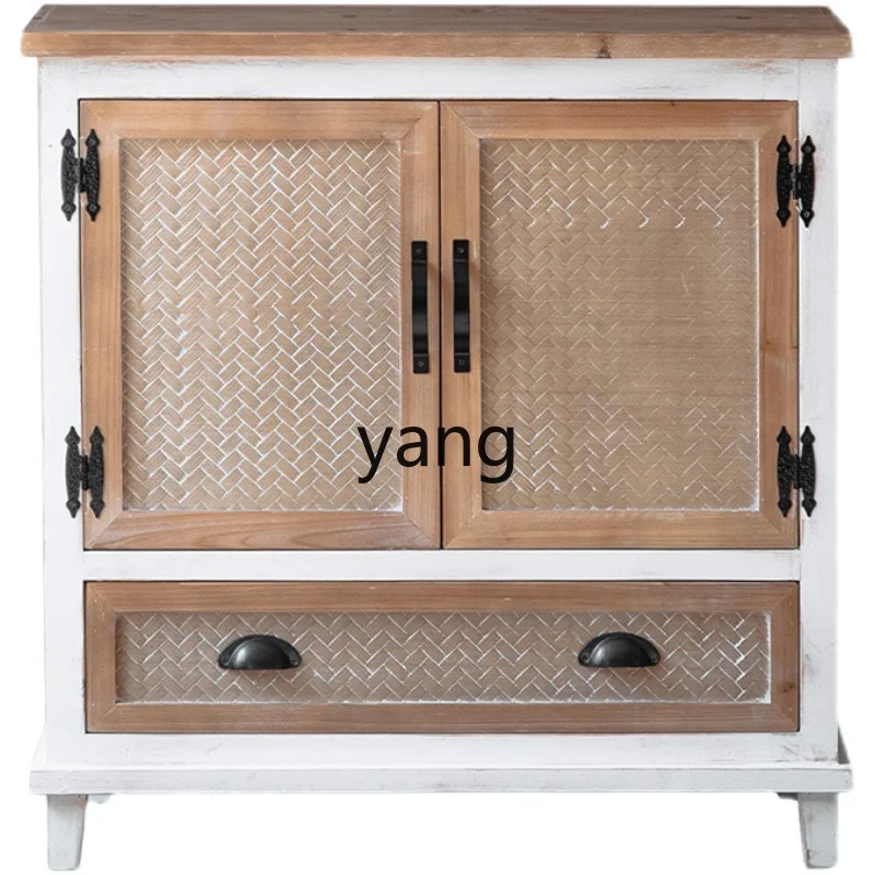 Yjq Household Entrance Cabinet Solid Wood Rattan-like Retro Pastoral Style Living Room Home Small Apartment Storage Cabinet