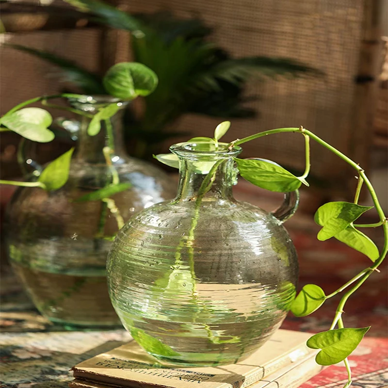 Green Single Ear Fine Mouth Clear Glass Vase Bell Ma Zuimu  New Decoration Living Room Table Flower Arranger Retro Nostalgia