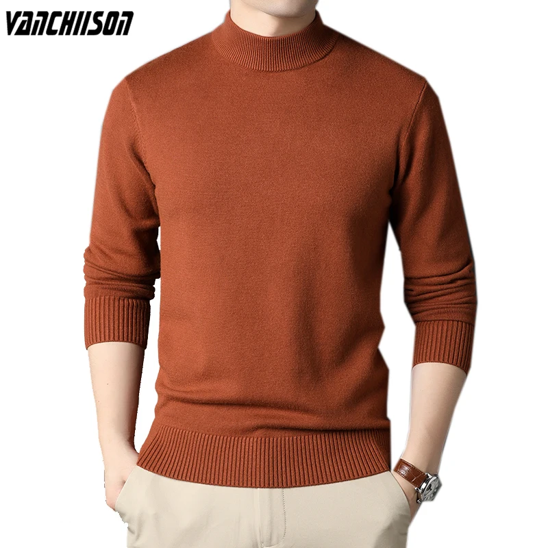 

Men Basic Jumpers Pullover Knit Tops for Autumn Winter Solid Color Sweater Mock Neck Male Fashion Clothing 00152