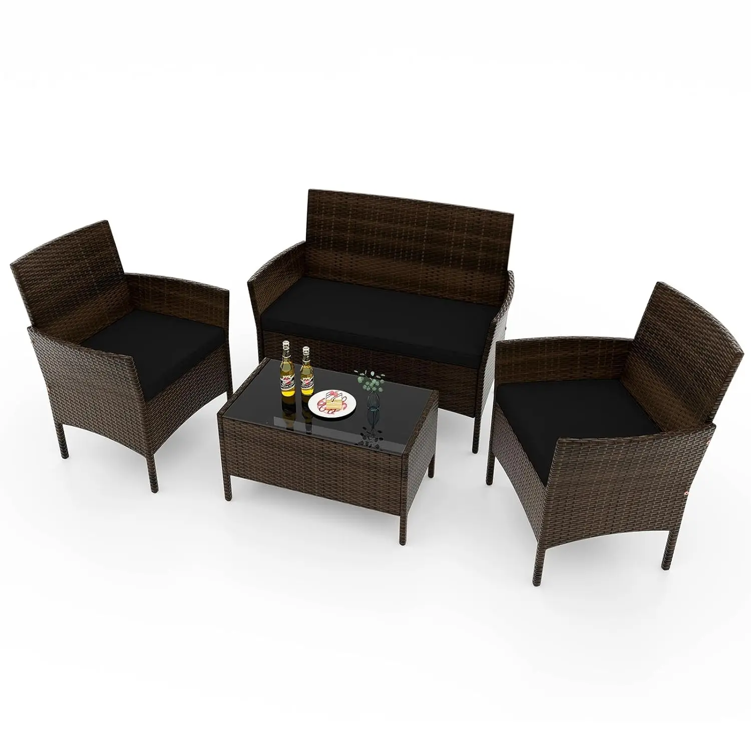 o*-4-Piece Patio Furniture Set - Rattan Outdoor Conversation Bistro Set w/Cushions, Glass Coffee Table, Wicker Chairs,