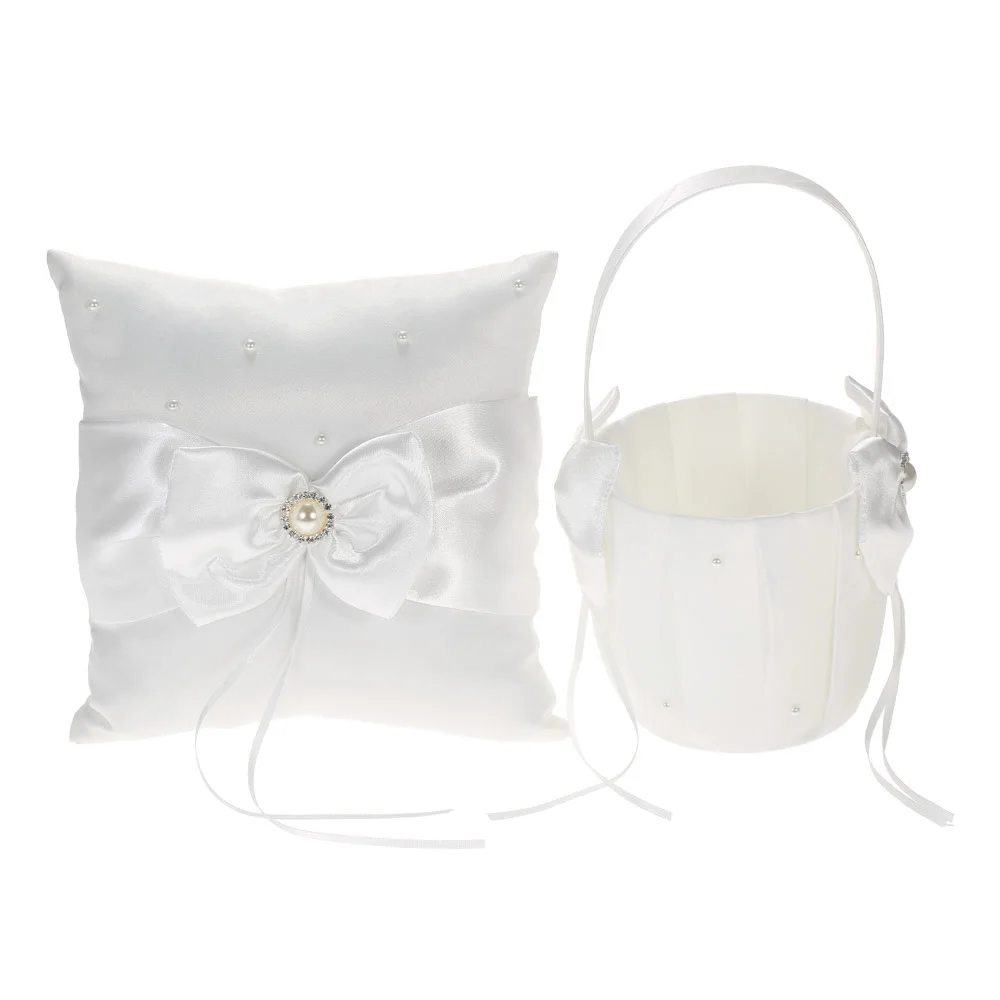 7x7 inches White Satin Bowknot Rhinestone Decorated Ring Bearer Pillow and Wedding Flower Girl Basket Set