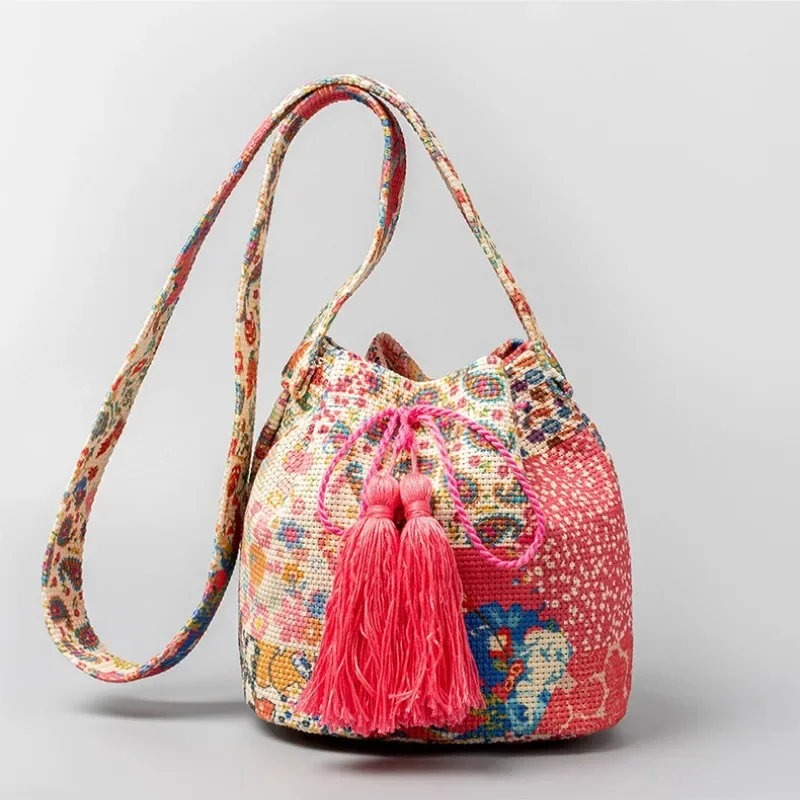 2025 New Printed Canvas Drawstring Bag Bohemian Style Summer Holiday Bucket Bag Tassels Colorful Travel Casual Crossbody Bags