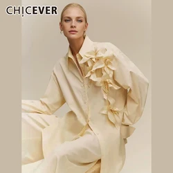 CHICEVER Spliced Appliques Shirts For Women Lapel Long Sleeve Single Breasted Loose Folds Temperament Solid Spring Blouse Female