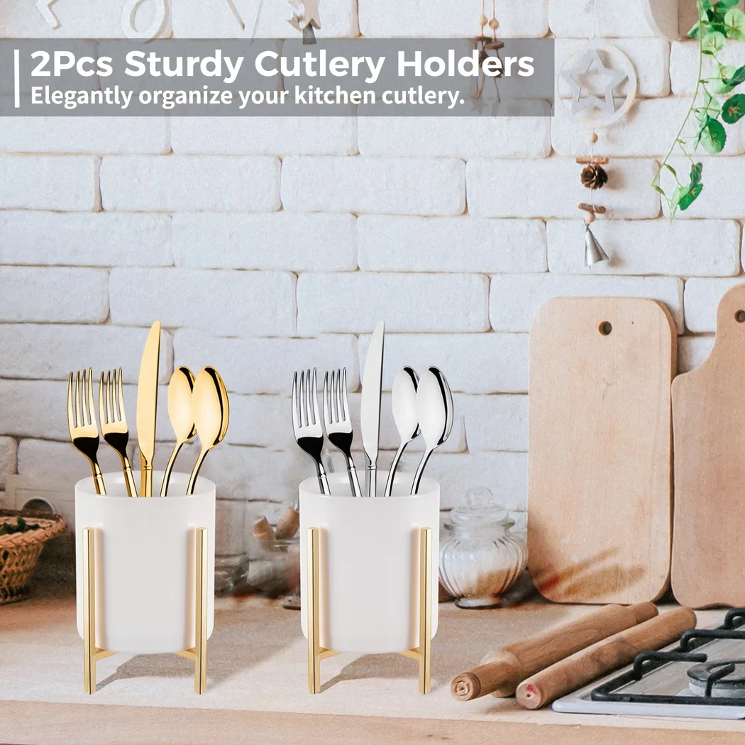 2Pcs Sturdy Cutlery Holders White Ceramic Cup With Golden Metal Bracket Robust Silverware Caddy Round Utensil Crock For Kitchen