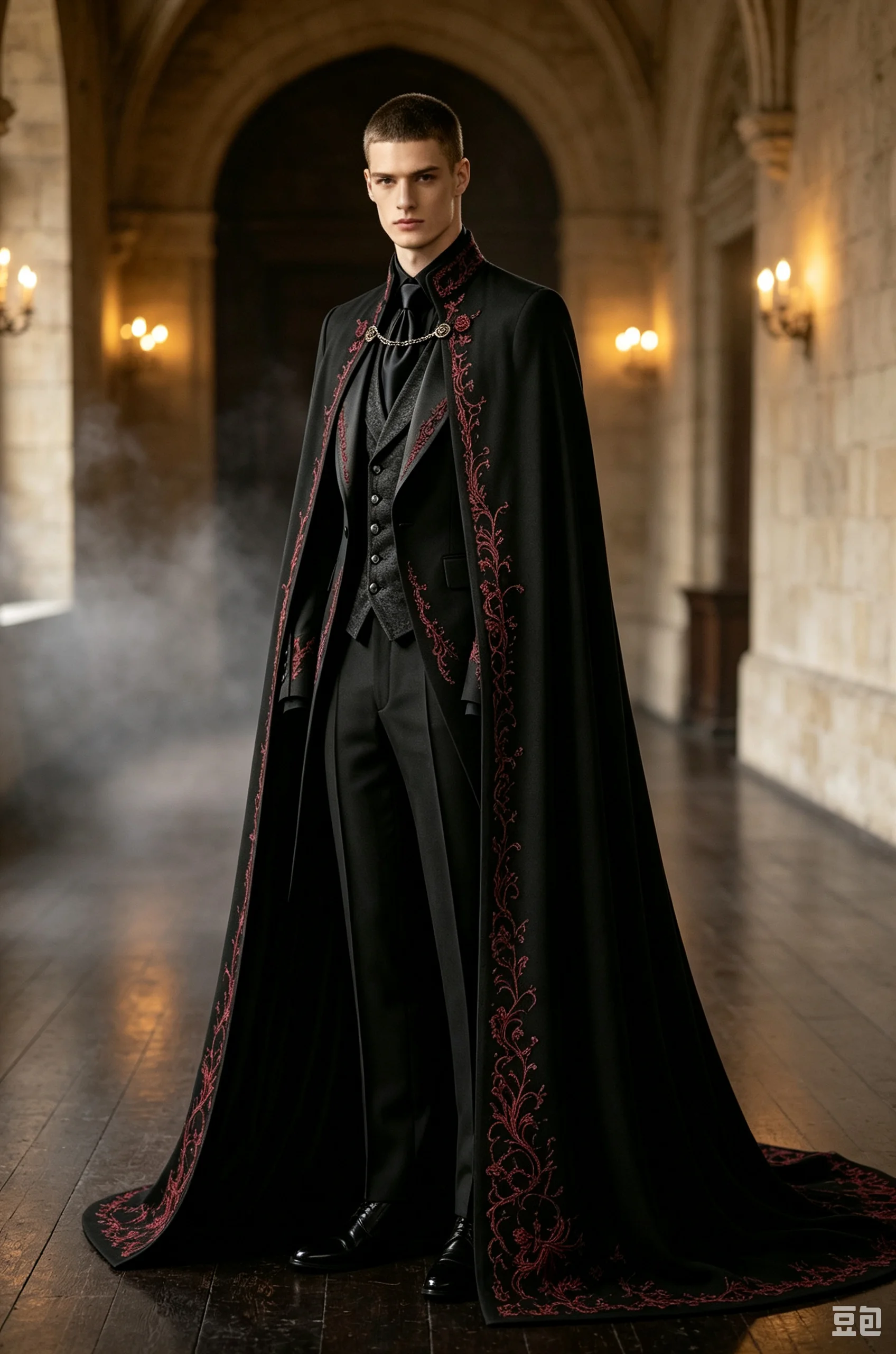 Stunning Men's 4-Piece Suit Cape Red Embroidery Tailcoat Blazer Vest Trousers Formal Gothic Evening Wedding Attire Customized image 4