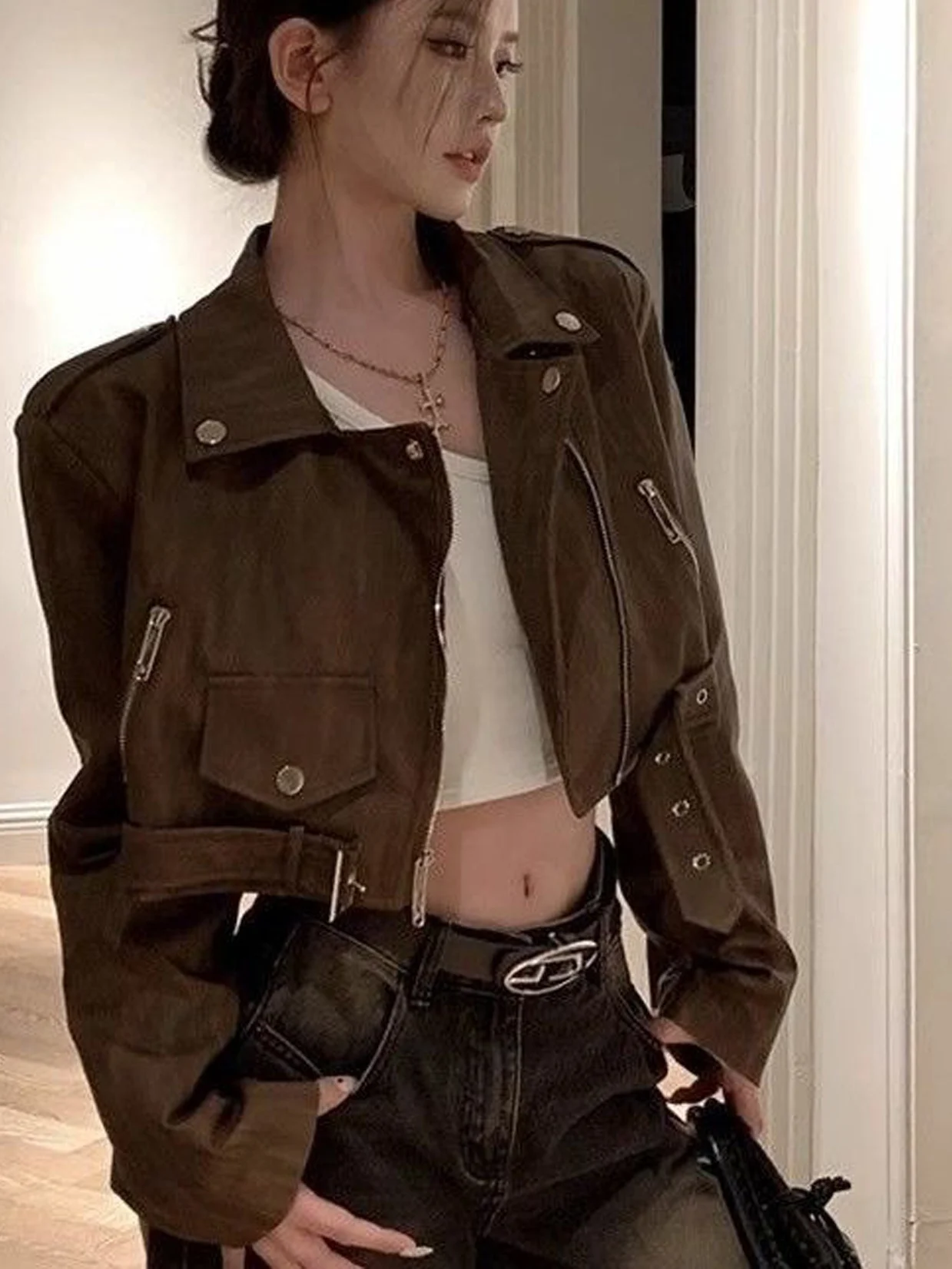 Retro Brown Leather Jacket Women's American Functional Style Loose Short Design Sense Motorcycle Clothes Autumn Season