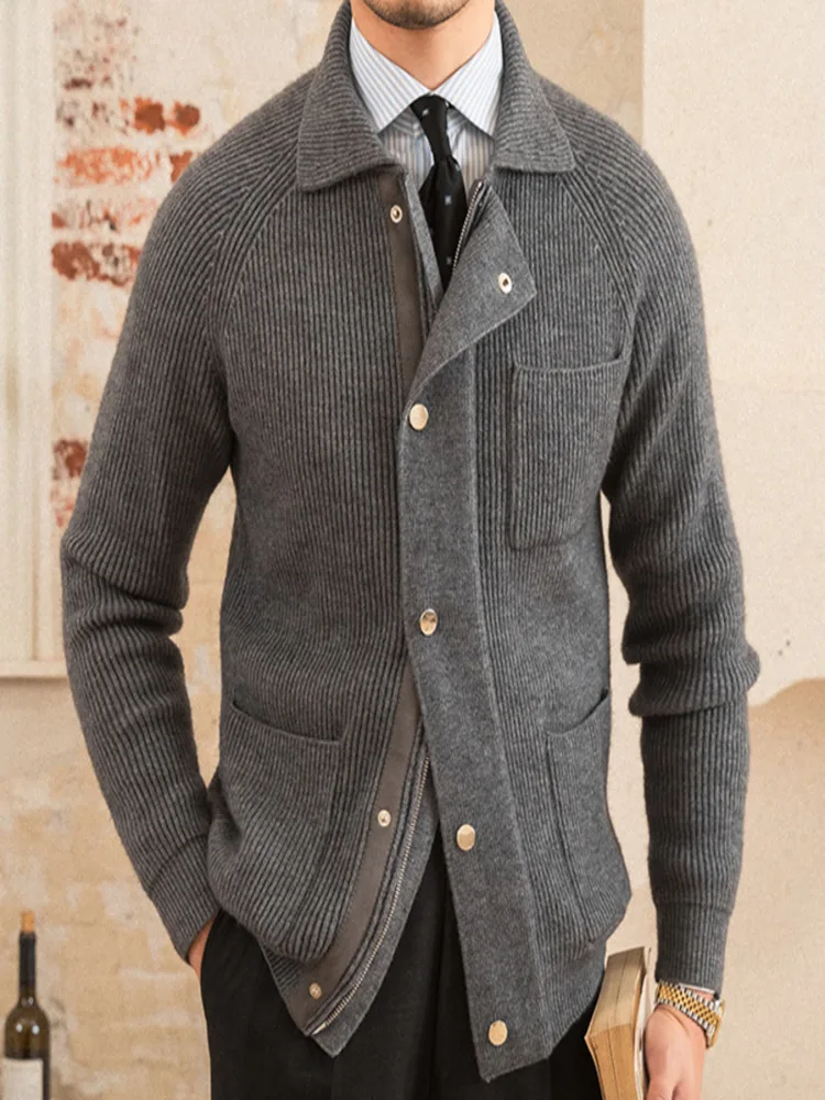 Fall Winter Men's Lapel Warm Knitted Sweater Cardigan Knitting Pocket Sweaters Versatile Thick Coat Top Slim