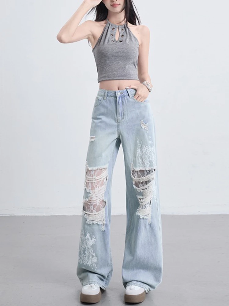 Vintage Y2K Harajuku Lace Ripped Jeans Women Low Rise Light Wash Wide Leg Denim Pants 2025 Summer Retro Grunge Girl Trousers