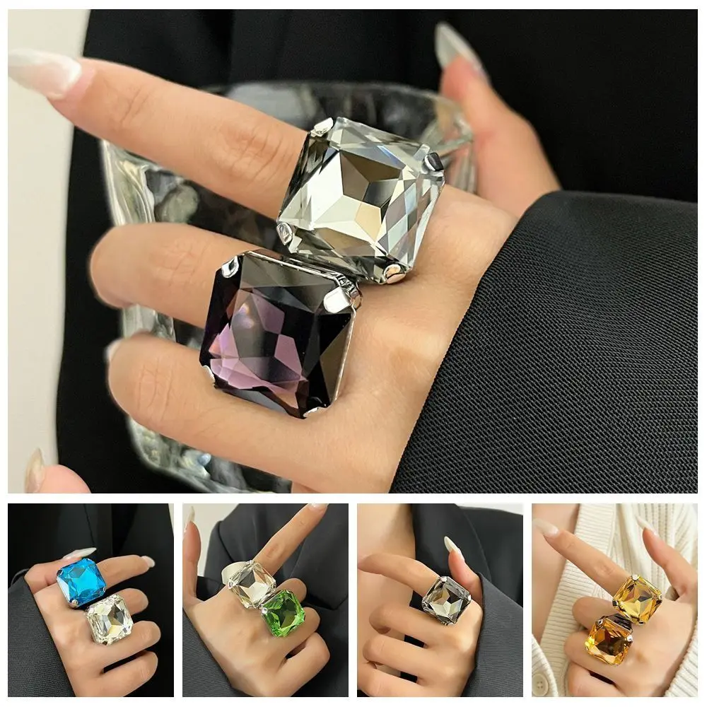 Square Shape Square Rhinestone Ring Adjustable Size Large Size Adjustable Crystal Ring Rhinestone Crystal Exaggerated Giant