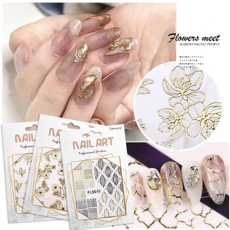 

1Pcs 3D Bronzing Nail Art Sticker Foil Lace Line Wave Net Flowers Pattern Metalic Decal Design DIY Nail Charm Decoration Sticker