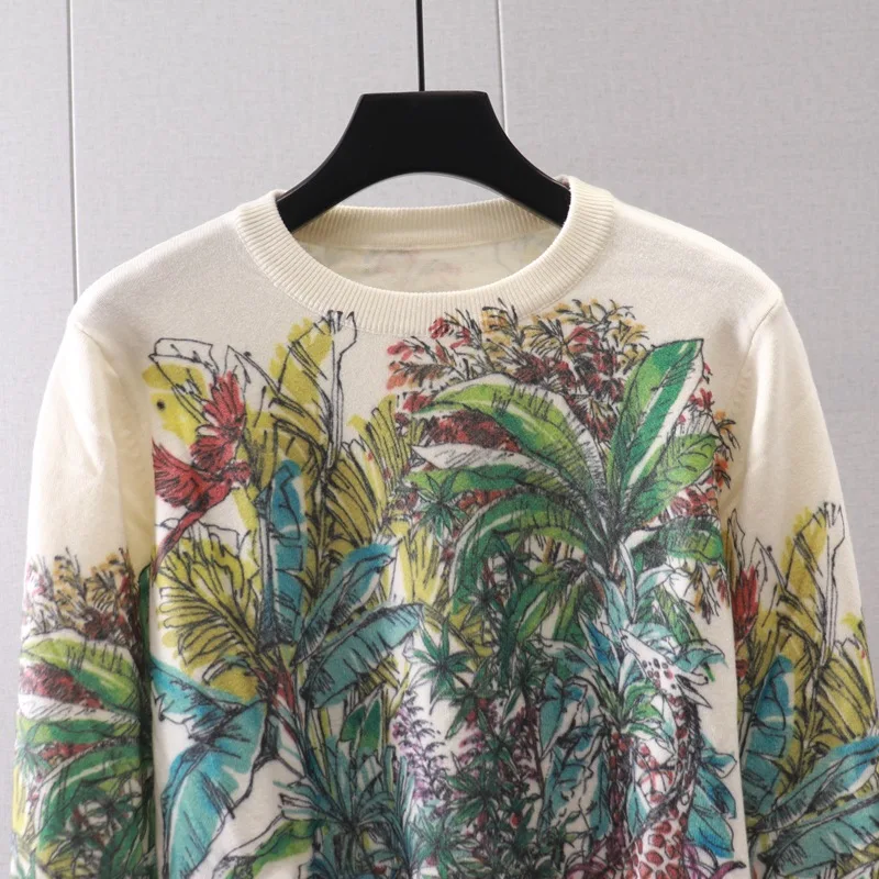 Coconut Tree Print Sweater Women Jumper Brand Luxury Knitted Colourful Sweater Floral Pullover Y2K Top Long Sleeve Shirt Female