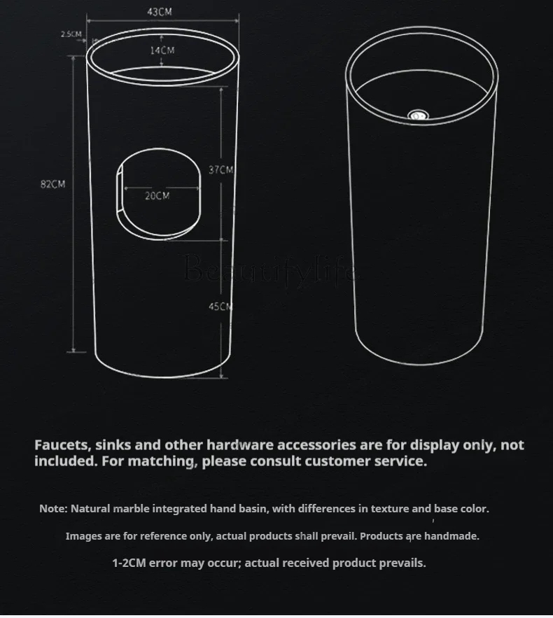 FGNatural Marble Pedestal Sink, Modern Freestanding Basin for Hotel Balcony, High Hardness & Heat Resistant, Customizable