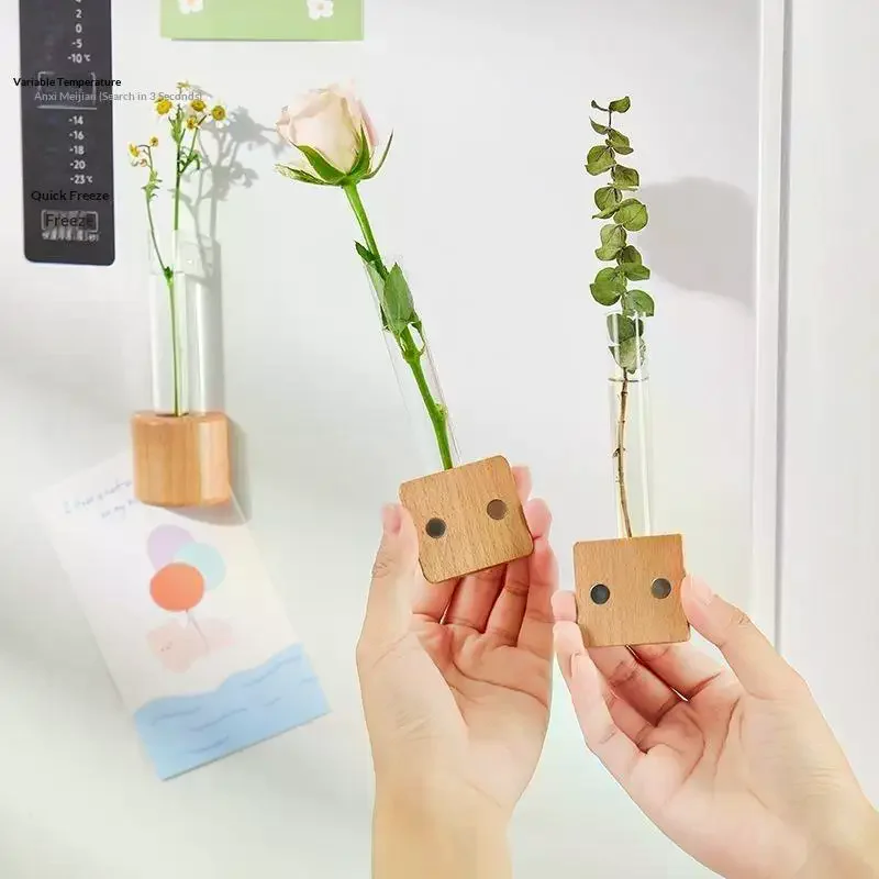 Magnetic Test Tube Vase Fridge Magnet Wooden Base Water Plant Propagation Tube Wall Hanging Mini Flower Vase For Home Decor