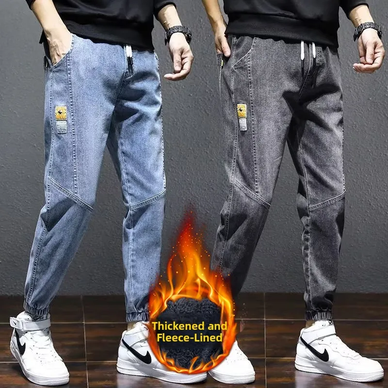 

Thiened Fce Men's Jeans Loose Fit Winter Casual Harajuku Sle Trousers with Multiple kets mid Waist Long Pants