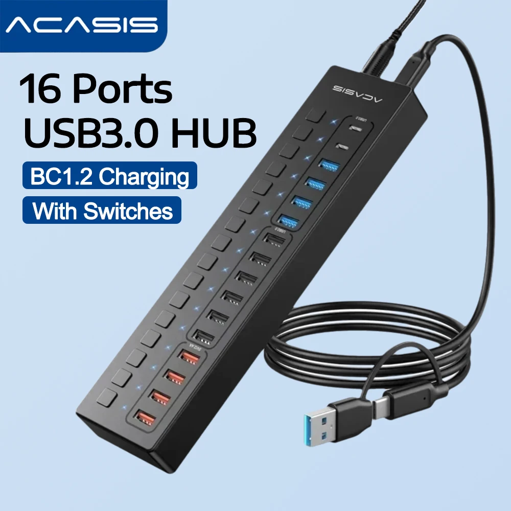 Acasis Powered USB 3.0 Hub 16 Ports Splitter Data Transfer Charge Individual Switch with 60W Power Adapter Support Wall Mount