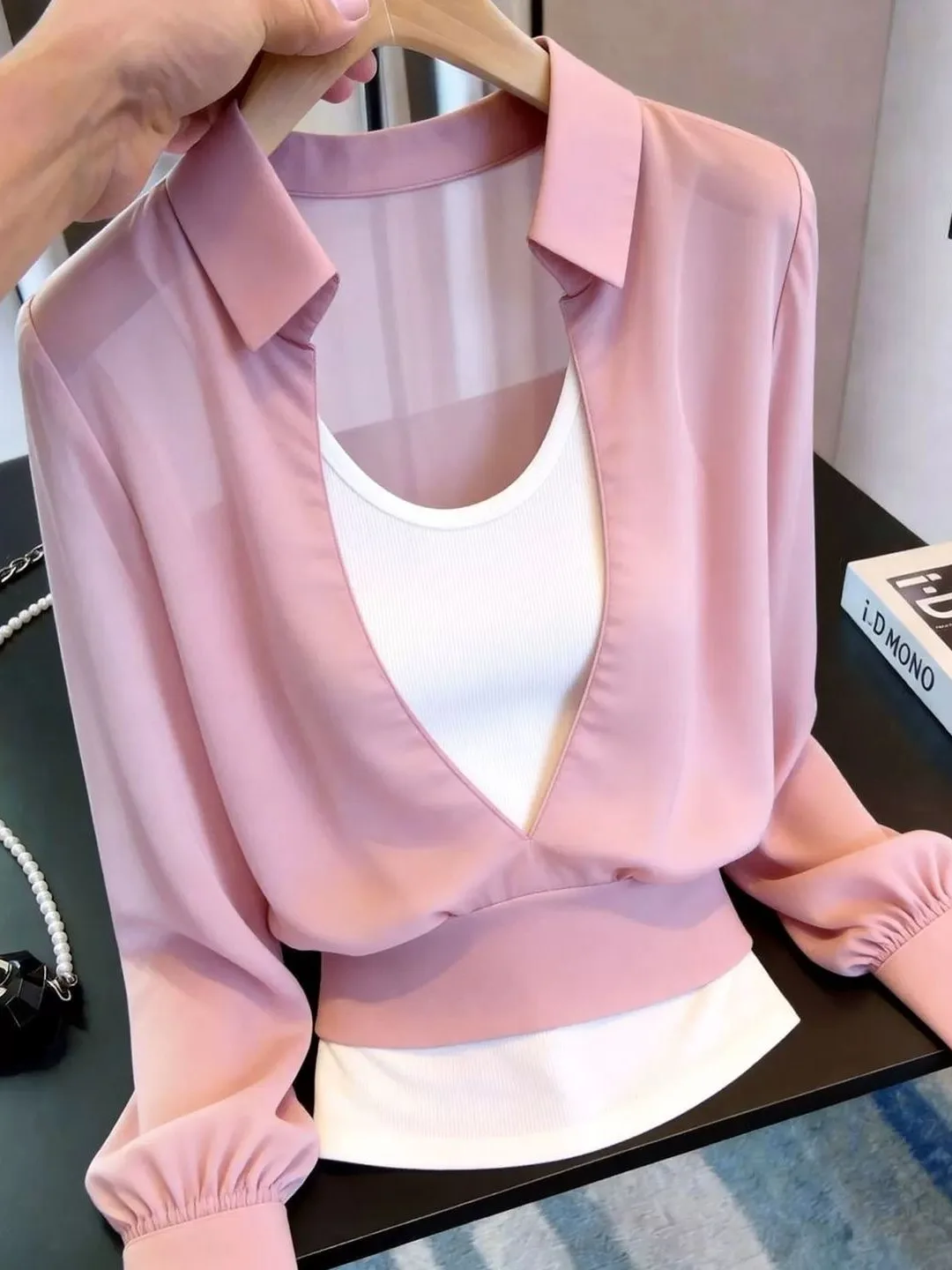 

Elegant Pink Long Sleeve Shirt Women's Simple Style Fake Two-Piece Design Spring Summer Trendy Top Quality Fashionable Outfit