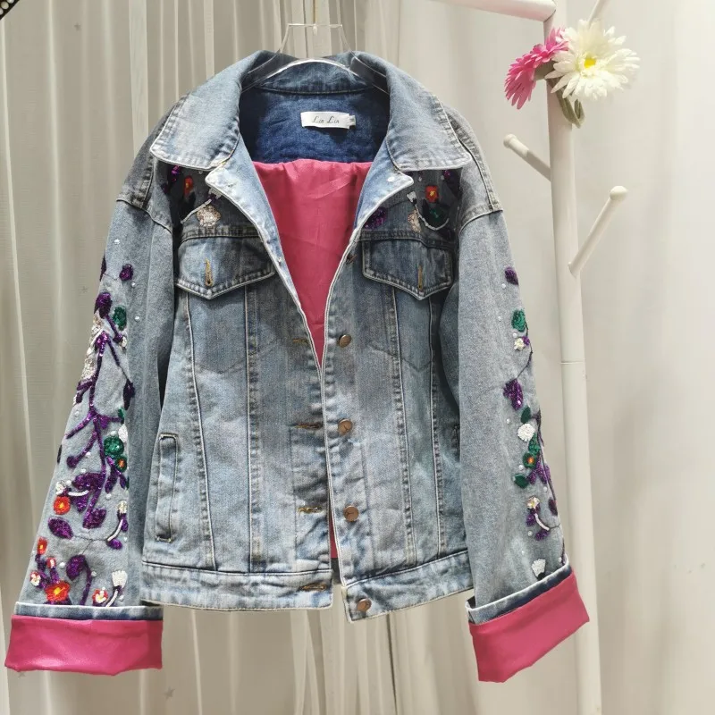 TEELYNN Floral Embroidery Denim Jackets for Women Vintage Long Sleeve Maxi Autumn Coats 2022 Casual Lapel Loose Jacket OutWear