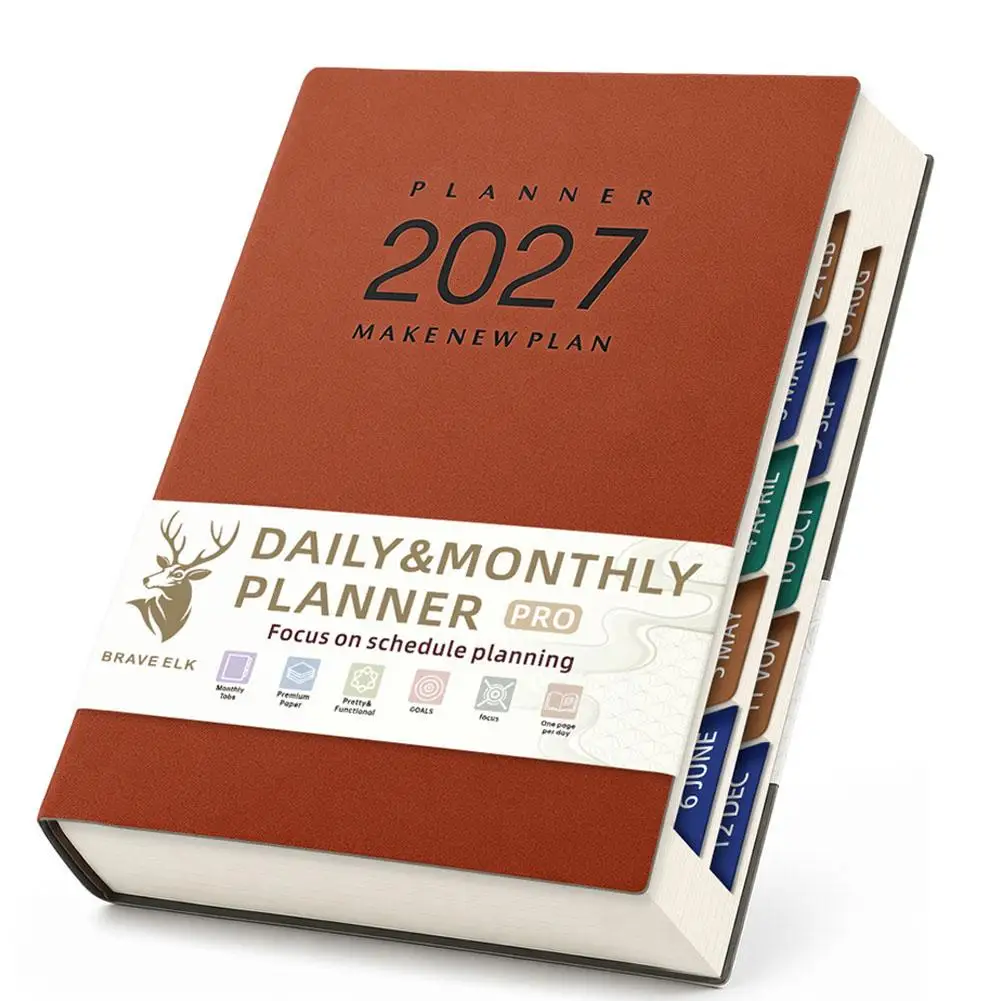 Embossed Cover 2027 English Planner Notebook Elastic Band Monthly Index Monthly Planner Lined Pages Pen Holder Diary Notebook ﻿