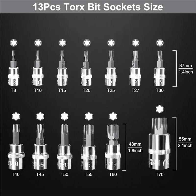 13Pcs Star Torx Bit Socket Set T8-T70 H2-H14,CRV Sockets 1/4Inch,3/8Inch & 1/2Inch Drive For Hand Use Work Easy Install