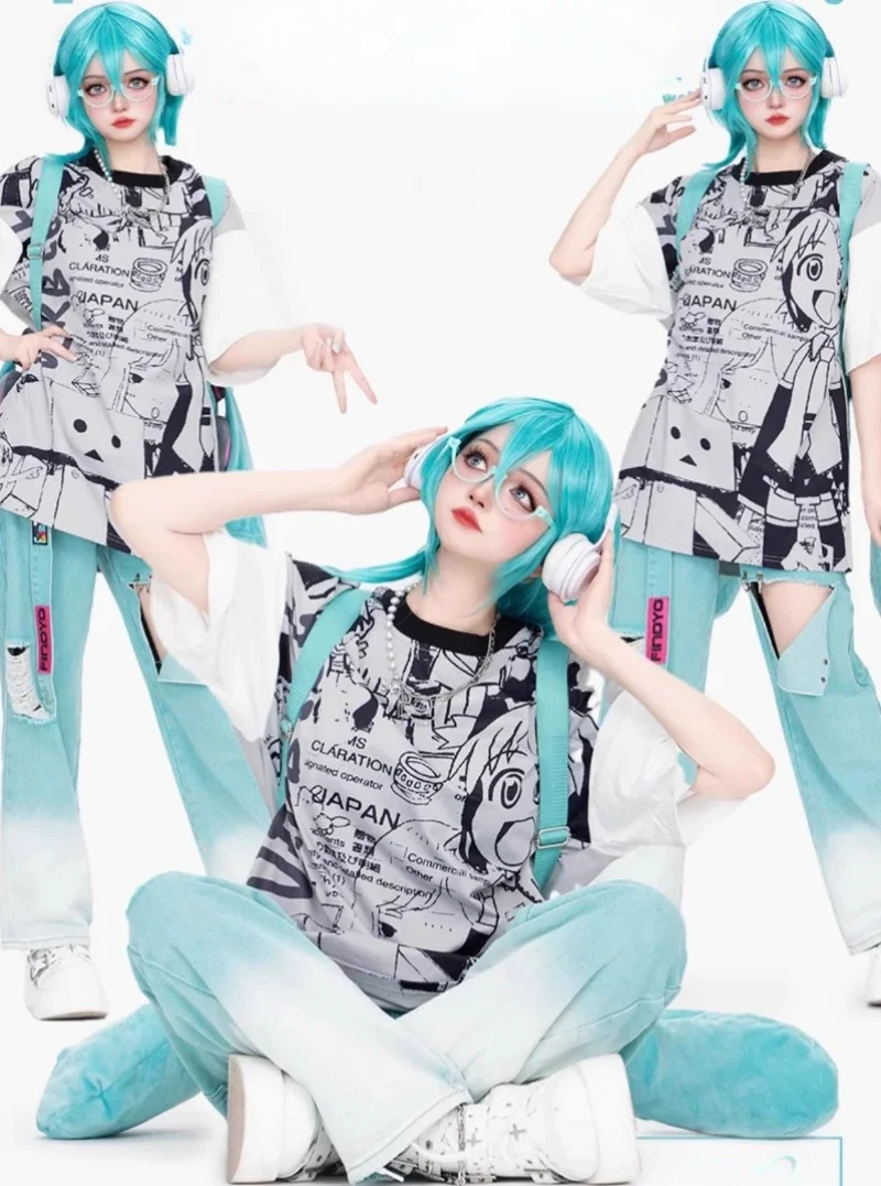 Hatsune Miku Short-sleeved Anime Cute Cartoon Loose T-shirt Comfortable Skin-friendly Casual Versatile Japanese Kawaii Top New