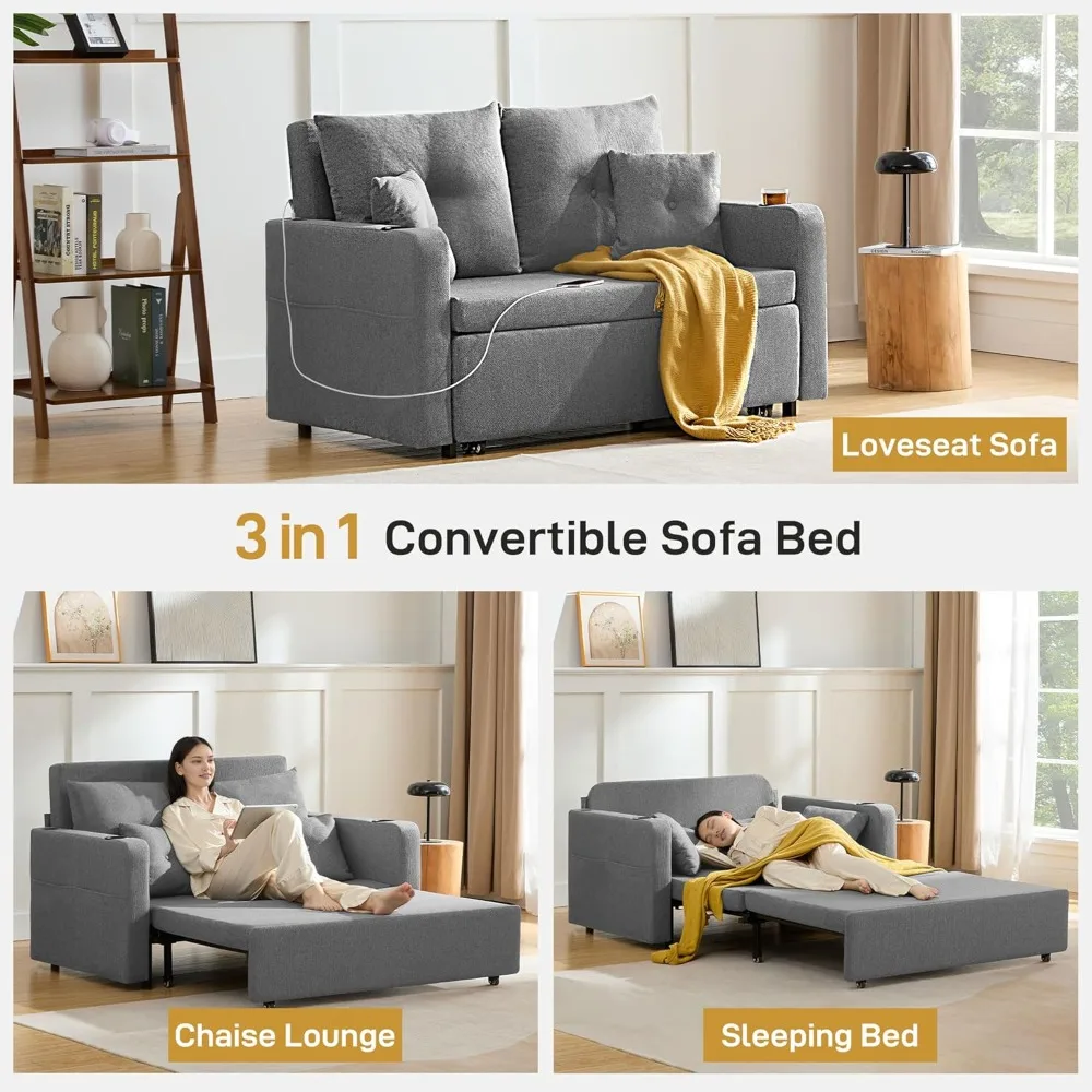 سرير أريكة قابل للتحويل 3 في 1، سرير أريكة للنوم بالحجم الكامل مقاس 56 بوصة، سرير أريكة للنوم مع جيب تخزين