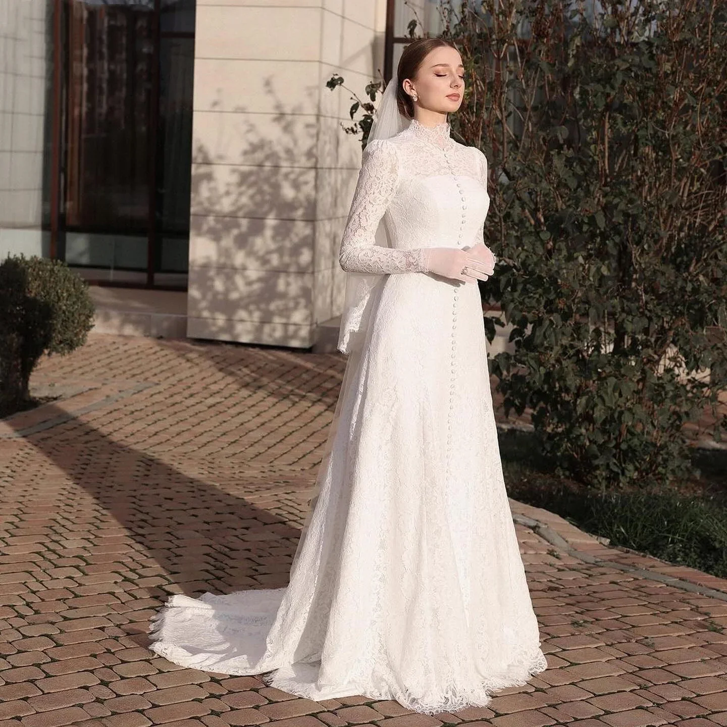 Flavinke Lace Wedding Dresses A Line Long Sleeve Wedding Gowns High Neck Buttons Formal Bride Dress Women Party Bridal Gowns