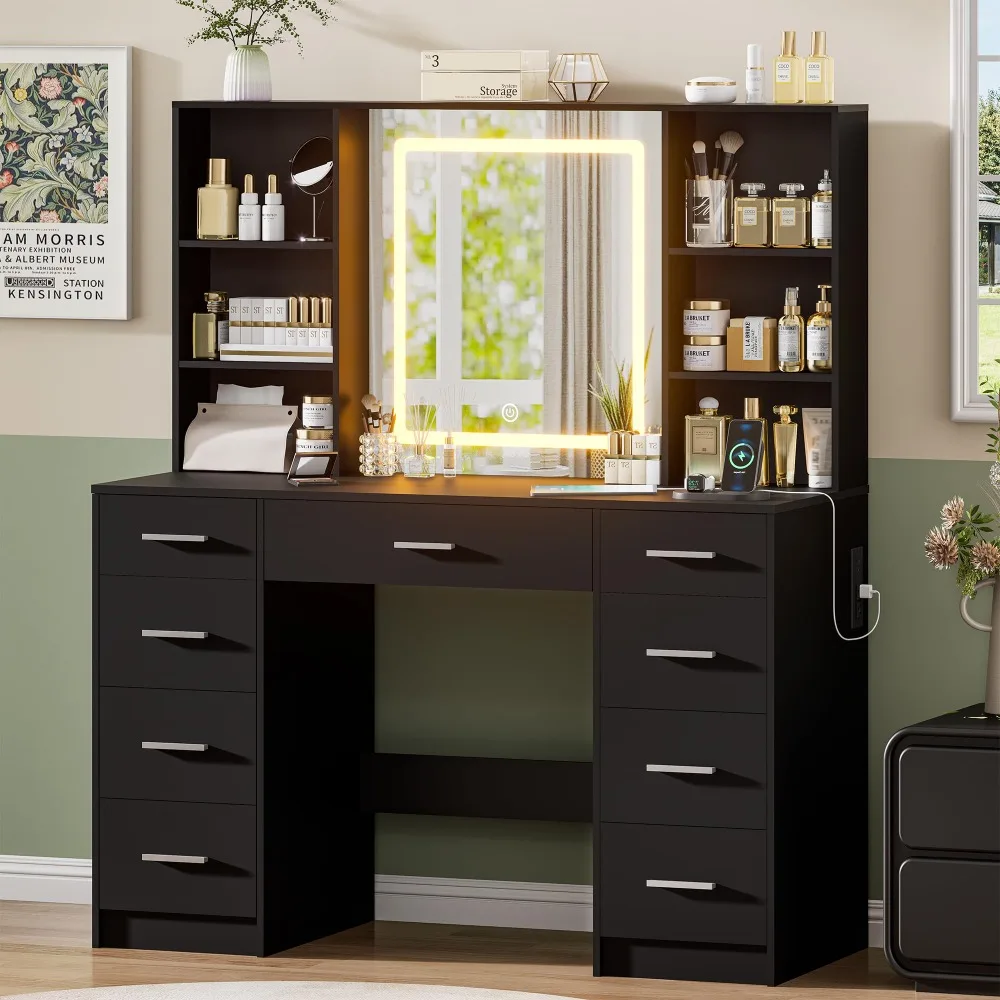 Black Vanity Desk with Mirror and Lights,Makeup Vanity with 9 Drawers, 6 Shelves & Power Outlet,Touch Screen Mirror