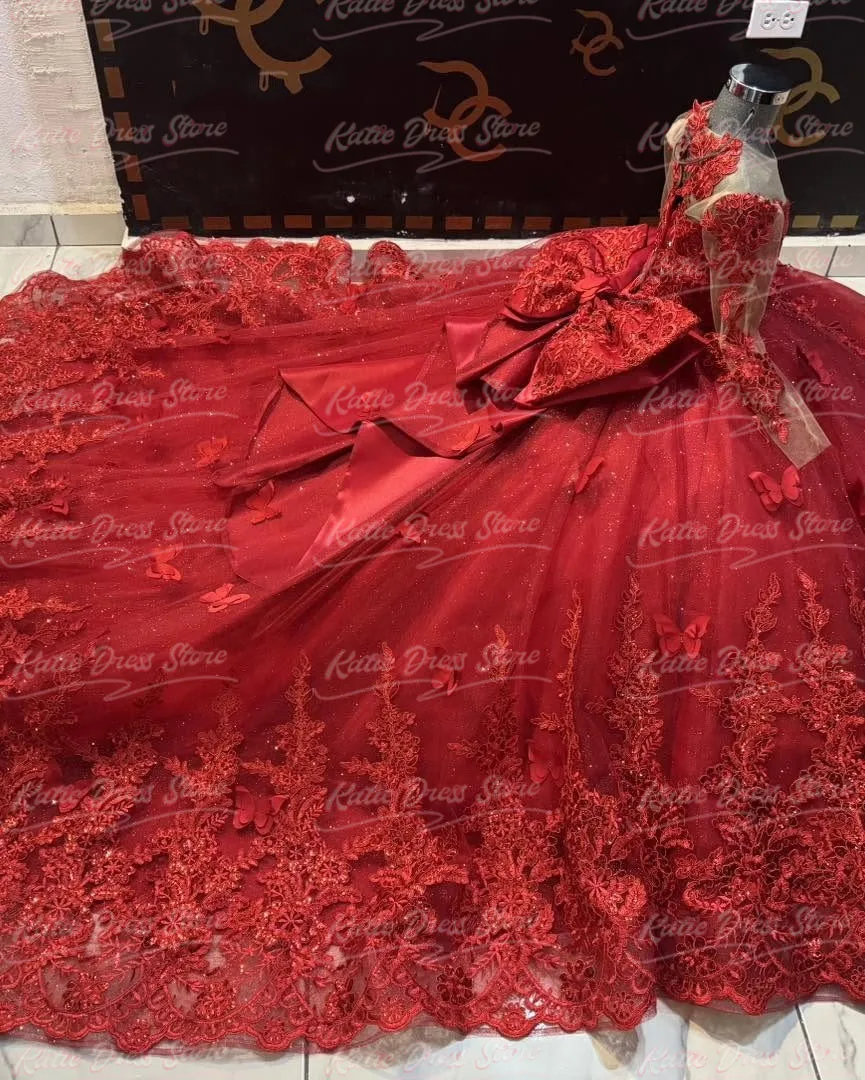 Customized Red Flower Girl Dress For Wedding Lace Applique With Bow Princess Kids Birthday Party First Comunion Ball Gowns
